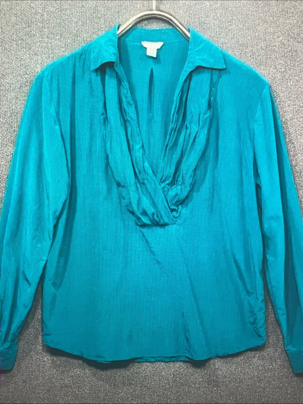 Garnet Hill Teal Drape-Neck Long Sleeve Blouse
